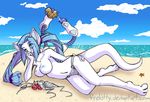  beach bikini blue_eyes blue_hair breasts cat chaosie clouds crab feline female firekitty funky_nipples hair ocean on_side robot sand seaside skimpy sky solo starfish striped sunscreen tail topless undressing 