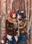  &hearts; background blush bow carving coat coffee collar color couple cup ears female fingerless_gloves fur furaiya gloves hair jacket jeans ken love male piercing purple_eyes rat rodent scarf sefeiren snow snowfall steam tail trees walking winter 