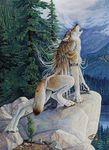  canine female forest goldenwolf howl on_rock outside tree werewolf 