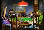  avian bird cards cheating classy dogs_playing_poker duck emu gentlemen glasses group male monocle pipe poker smoking table unknown_artist 