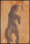 back butt canine hair kadath loincloth looking_at_viewer male polearm pose red_wolf sketch solo spear staff standing tail tribal underwear wolf wolf_nanaki 