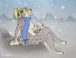  breasts cold eyes_closed feline female nude outside scarf sepia_(artist) side_boob snow snow_leopard snowflake solo 