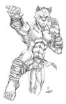  abs canine fighter karate kick line_art loincloth looking_at_viewer male monochrome muscles pinup pose solo spiked_hair stance standing underwear warrior wolf xkoshiji 