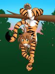  background branch feline female flora_(twokinds) hang_in_there hanging looking_at_viewer nude solo tail tiger tom_fischbach tree twokinds 