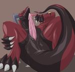  claws cum dragon fangs forked_tongue horns licking male penis scalie solo spreading tail tongue unknown_artist yellow_eyes 