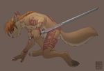 adam_wan canine male nude solo stance sword tail tattoo warrior weapon 