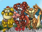  beefcake black_markings black_penis blue_eyes bowser charizard digimon guilmon humanoid_penis hyper koopa looking_at_viewer macro male multi_cock muscles nipples orange penis plantigrade pok&eacute;mon rackun red-orange red_eyes red_hair spikes what_has_science_done yellow yellow_eyes 