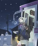  bag bird breath bus canine cellphone dark dog female furry house looking_up motor_vehicle night open_mouth outdoors outside penguin phone ribbon scarf school_uniform skirt sky snow snowflakes solo tail vehicle white winter yosuke7390 yosukemo 