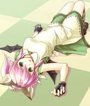  :p akiyama_nenehisa animal_ears bat_wings cat_ears fingerless_gloves gloves green_eyes hana_(pangya) long_hair lying pangya pink_hair ponytail solo tongue tongue_out wings 