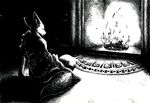  2010 background black_and_white blanket blue-paper canine carpet crosshatching fire fireplace fox monochrome rug solo 