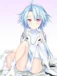 2girls ass bare_legs bare_shoulders barefoot blanc blue_hair choujigen_game_neptune covered_navel elbow_gloves expressionless foot_massage gloves hair_between_eyes hair_over_one_eye joney knees_up legwear_removed leotard looking_at_viewer multiple_girls neptune_(series) power_symbol red_eyes short_hair_with_long_locks single_thigh_boot sitting skin_tight solo_focus spread_legs symbol-shaped_pupils vert white_gloves white_heart white_legwear white_leotard yuri 