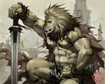  cape feline kneeling lion male muscles solo sword tribal warrior weapon 