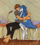  bed blue brown_hair collar couple cuddle digitigrade eyes_closed eyes_open feline gay hair liger male murrkus sergal tail vagabondbastard 