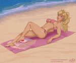  2009 beach bikini female hair hi_res human looking_at_viewer luizamoony mario nintendo not_furry peach seaside skimpy solo swimsuit water 