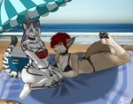  amber_eyes beach bikini botox_injections butt canine cleavage cooper cooper_(artist) couple ear_piercing feline female green_eyes kiala piercing seaside skimpy tail 