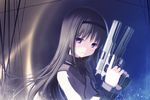  akemi_homura bad_id bad_pixiv_id black_hair black_hairband blue dual_wielding gun hairband handgun highres holding holding_gun holding_weapon long_hair m1911 magical_girl mahou_shoujo_madoka_magica pistol purple_eyes solo trigger_discipline weapon yuunagi_yuu 