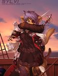  blue_eyes eye_patch female gun j_axer looking_at_viewer pirate ship solo standing sunset sword unknown_species weapon wind 