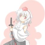  animal_ears detached_sleeves hat inubashiri_momiji katana red_eyes sarashi scabbard sheath sheathed shino_megumi short_hair solo sword tail tokin_hat touhou weapon white_hair wolf_ears wolf_tail 