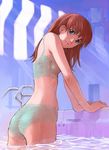  ass bare_shoulders blue_eyes bra brown_hair from_behind from_side highres indoors lace lace-trimmed_bra lace-trimmed_panties light_rays lingerie lips long_hair looking_at_viewer looking_back original panties pool pool_ladder poolside red_hair saitani_umetarou solo sunbeam sunlight underwear underwear_only wading water wet wet_clothes 