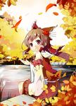  absurdres autumn bad_id bad_pixiv_id bow brown_hair detached_sleeves hair_bow hair_ornament hakurei_reimu highres kanzashi pink_eyes pool short_hair sitting solo sunyukun torii touhou water 