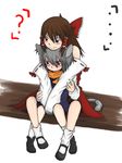  2girls animal_ears bad_id bad_pixiv_id blush bow brown_eyes embarrassed fujiwara_alumi hair_bow hair_tubes hakurei_reimu head_rest hug hug_from_behind mouse_ears mouse_tail multiple_girls nazrin red_eyes sitting smile tail touhou yuri 