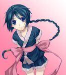  1girl arms_behind arms_behind_back black_eyes black_hair braid female gradient gradient_background japanese_clothes long_hair makimachi_misao ninja pink_ribbon ribbon rurouni_kenshin single_braid solo 