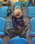  anthro clothed clothing hair hair_over_eye hoodie hyaenid looking_at_viewer male mammal sitting solo_focus spotted_hyena tongue tongue_out vu06 