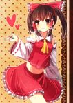  alternate_hairstyle ascot bare_shoulders blush bow brown_eyes brown_hair detached_sleeves hair_bow hakurei_reimu heart kohaku. light_smile midriff navel outstretched_hand skirt solo touhou twintails 