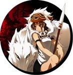  animal bare_arms blue_eyes brown_hair earrings facial_mark forehead_mark fur grey_eyes jewelry mask mononoke_hime necklace polearm san seqet-aru short_hair sitting skirt smile solo spear tattoo weapon white_wolf wolf 