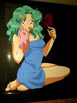  aqua_hair barefoot bishoujo_senshi_sailor_moon blue_eyes eye_contact fan feet kaiou_michiru kneeling looking_at_another looking_at_viewer looking_back looking_behind popsicle sailor_neptune towel wavy_hair 