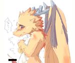  brown_eyes censored chest_tuft cum cumshot dragon harusuke japanese_text male orange orgasm penis scalie solo translation_request wings 