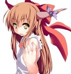  beckoning face fang flat_chest foreshortening hair_ribbon hands horn_ribbon horns ibuki_suika long_hair orange_hair ribbon shirt sleeveless sleeveless_shirt solo tera_zip touhou upper_body yellow_eyes 