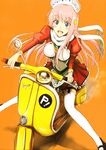  bad_id bad_pixiv_id blue_eyes blush blush_stickers braid company_connection erise flcl gainax garter_straps ground_vehicle hair_ornament hat long_hair motor_vehicle navel nono_(top_wo_nerae_2!) open_mouth orange_background pink_hair red_skirt scarf scooter skirt smile solo symbol-shaped_pupils thighhighs top_wo_nerae_2! vespa white_legwear 