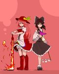  alternate_color alternate_hair_color ascot bloomers boots bow brown_eyes brown_hair detached_sleeves fire flaming_sword food fruit gohei hair_bow hair_tubes hakurei_reimu hands_on_hilt hat hinanawi_tenshi long_hair mary_janes multiple_girls peach red_eyes red_hair shide shoes standing sword sword_of_hisou touhou underwear weapon white_sleeves yokohachi 