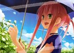  :d absurdres blue_sky blurry cafe_sourire choker depth_of_field eretto female flower green_eyes hair_bun highres mizushima_serika nature open_mouth outdoors pink_hair plant sky smile solo 