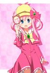  :o blue_eyes bow brooch coat dress hair_rings hat highres ikauchi_mitsuaki jewelry magnifying_glass pink_bow pink_hair ribbon shawl sherlock_shellingford short_hair sidelocks solo tantei_opera_milky_holmes yellow_bow 