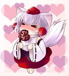  &gt;_&lt; animal_ears blush chibi chocolate closed_eyes detached_sleeves hat heart highres inubashiri_momiji mouth_hold short_hair solo tail tokin_hat touhou valentine white_hair wolf_ears wolf_tail yume_shokunin 