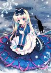  black_cat blonde_hair blue_eyes bow cat dress flower hair_bow hara_yui long_hair original paw_print sitting snowflakes snowing solo very_long_hair 