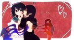  ahoge asymmetrical_wings bare_back black_hair closed_eyes hat houjuu_nue ice_(aitsugai) licking multiple_girls murasa_minamitsu pointy_ears sailor sailor_hat short_hair tongue touhou wings yuri 