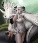  bad_id bad_pixiv_id bare_shoulders beak bird_legs breasts cleavage creature elbow_gloves gloves grey_beak horns inuzuka_bouru lips medium_breasts nose pixiv_fantasia pixiv_fantasia_5 short_hair solo tail wading water white_hair wings 