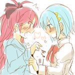  blue_hair blush long_hair mahou_shoujo_madoka_magica miki_sayaka mitakihara_school_uniform multiple_girls ponytail red_hair sakura_kyouko school_uniform short_hair tears translated zawameki 