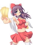  armpits bitaraga bow breasts hair_bow hakurei_reimu medium_breasts midriff purple_hair scroll sideboob solo thighhighs touhou zettai_ryouiki 