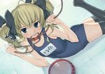  akechi_kokoro blonde_hair blue_eyes bowl collar harmaline leash mouth_hold one-piece_swimsuit pet_bowl school_swimsuit solo swimsuit tantei_opera_milky_holmes thighhighs twintails 