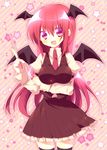  akai_(akanan) bat_wings black_legwear blush breast_hold breasts head_wings koakuma large_breasts long_hair necktie pointer red_eyes red_hair red_neckwear solo thighhighs touhou very_long_hair vest wings zettai_ryouiki 