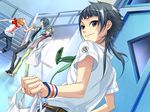  artist_request black_eyes black_hair emblem from_behind game_cg haruki_naoshi hoshizuki_kotarou indoors kinose_azusa looking_at_viewer looking_back mizushima_iku multiple_boys smirk stairs starry_sky_(game) sweatband 