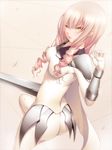  anastasia_(claymore) armor bad_id bad_pixiv_id blush bodysuit breasts claymore claymore_(sword) drill_hair hair_over_breasts long_hair medium_breasts open_mouth pink_hair shokuyou_mogura skin_tight solo sword tight weapon yellow_eyes 