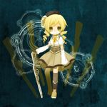  aco_(aco1010) bad_id bad_pixiv_id beret blonde_hair boots chibi detached_sleeves drill_hair fingerless_gloves gloves gun hair_ornament hairpin hat long_hair magic_circle magical_girl magical_musket mahou_shoujo_madoka_magica pleated_skirt puffy_sleeves ribbon rifle skirt smile solo standing striped striped_legwear thighhighs tomoe_mami twin_drills twintails vertical-striped_legwear vertical_stripes weapon yellow_eyes zettai_ryouiki 