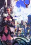  aircraft airship animal_ears armor bad_id bad_pixiv_id breasts bunny_ears city cleavage cloud crossed_arms dark_skin day final_fantasy final_fantasy_xii fran long_hair medium_breasts navel plant red_eyes revealing_clothes sky slender solo teddy_(khanshin) toned viera white_hair 