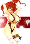  alternate_costume armpits arms_behind_head arms_up borrowed_design breasts cleavage covered_nipples elbow_gloves flower gloves groin hair_bobbles hair_ornament large_breasts leg_garter legs leotard mabuchoco_m md5_mismatch navel onozuka_komachi open_mouth red_eyes red_hair short_hair simple_background slingshot_swimsuit solo spider_lily swimsuit thighhighs thighs tongue touhou two_side_up 