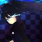  aki_(mare_desiderii) black_hair black_rock_shooter black_rock_shooter_(character) blue_eyes burning_eye checkered face floating_hair glowing glowing_eyes looking_back solo star 